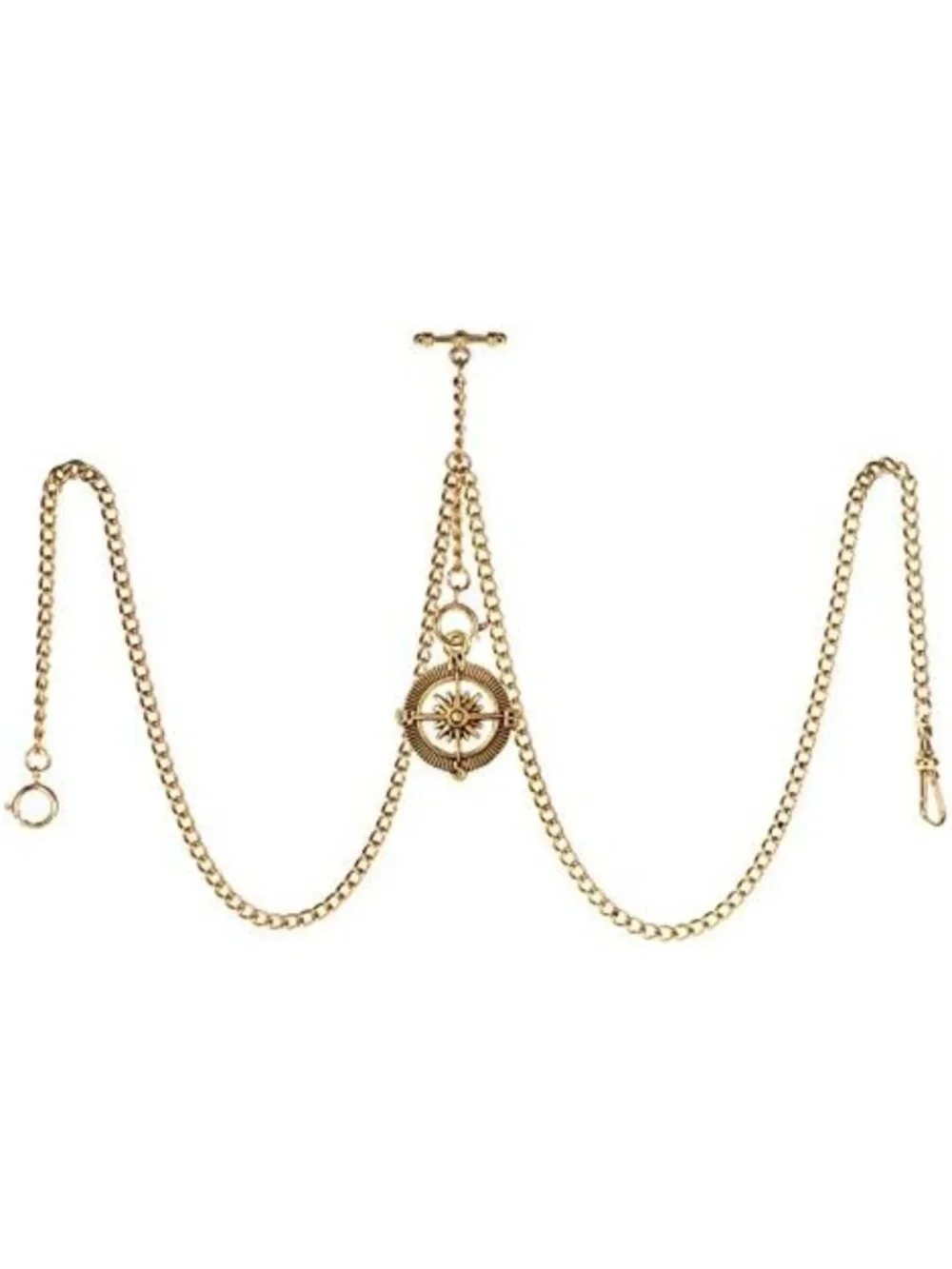 Vintage Double Albert Chain Pocket Watch Keychain with Antique Compass Pendant